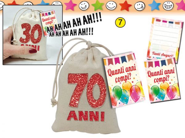 SACCHETTO RISATA IN TESSUTO 70 ANNI GLITTER E BIGLIETTO DA PERSONALIZZARE