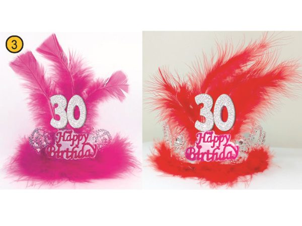 TIARA HAPPY BIRTHDAY 30 ANNI CON PIUME E MARABU'. . . ORDINE MINIMO 2 PZ. ASSORTITI