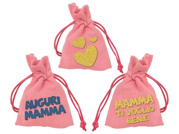 SACCHETTO REGALO MAMMA IN VELLUTO E APPLICAZIONI GLITTER. . . ORDINE MINIMO 6 PZ. ASSORTITI